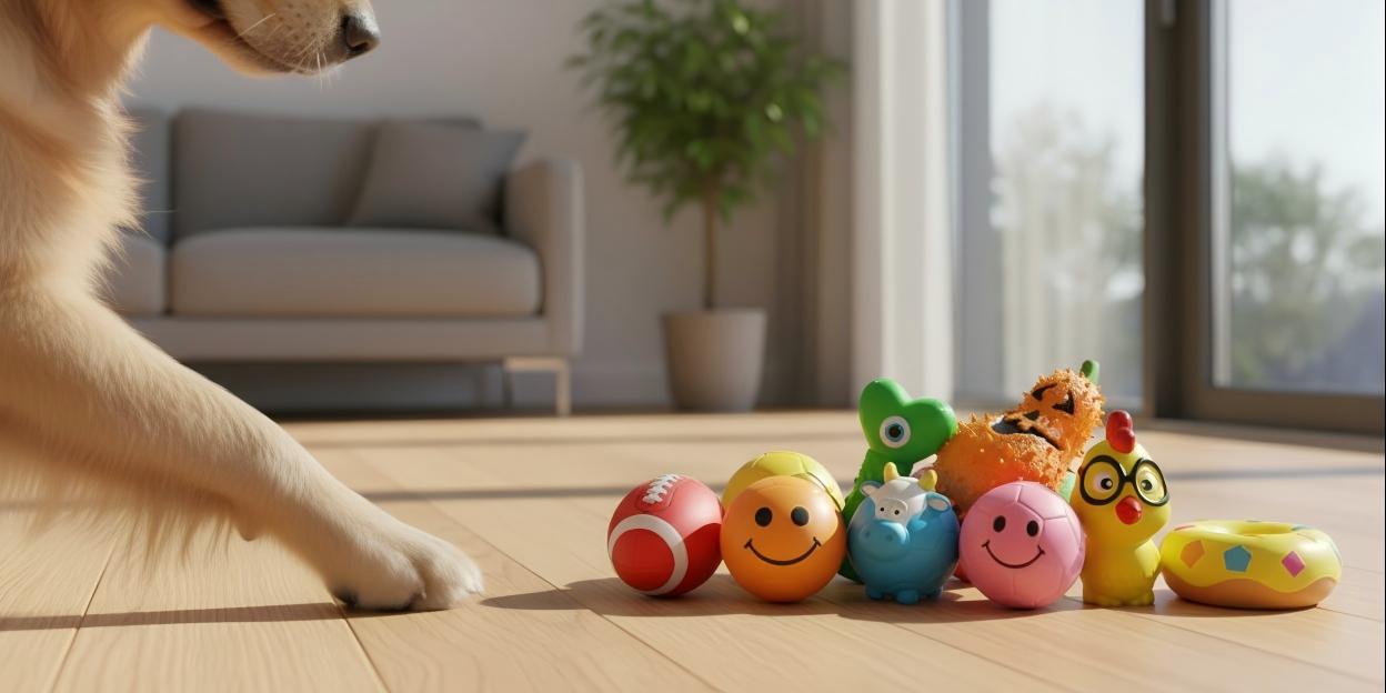 A happy dog playing with a colorful Chewhappy latex toy